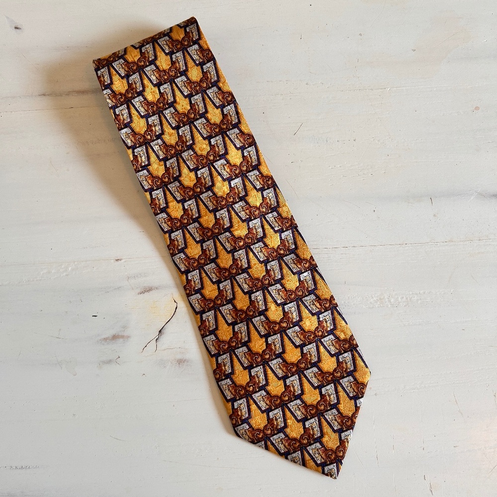 ERMENEGILDO ZEGNA Gold Blue shapes Silk Satin Tie 100% Italian silk 60"X3.5"